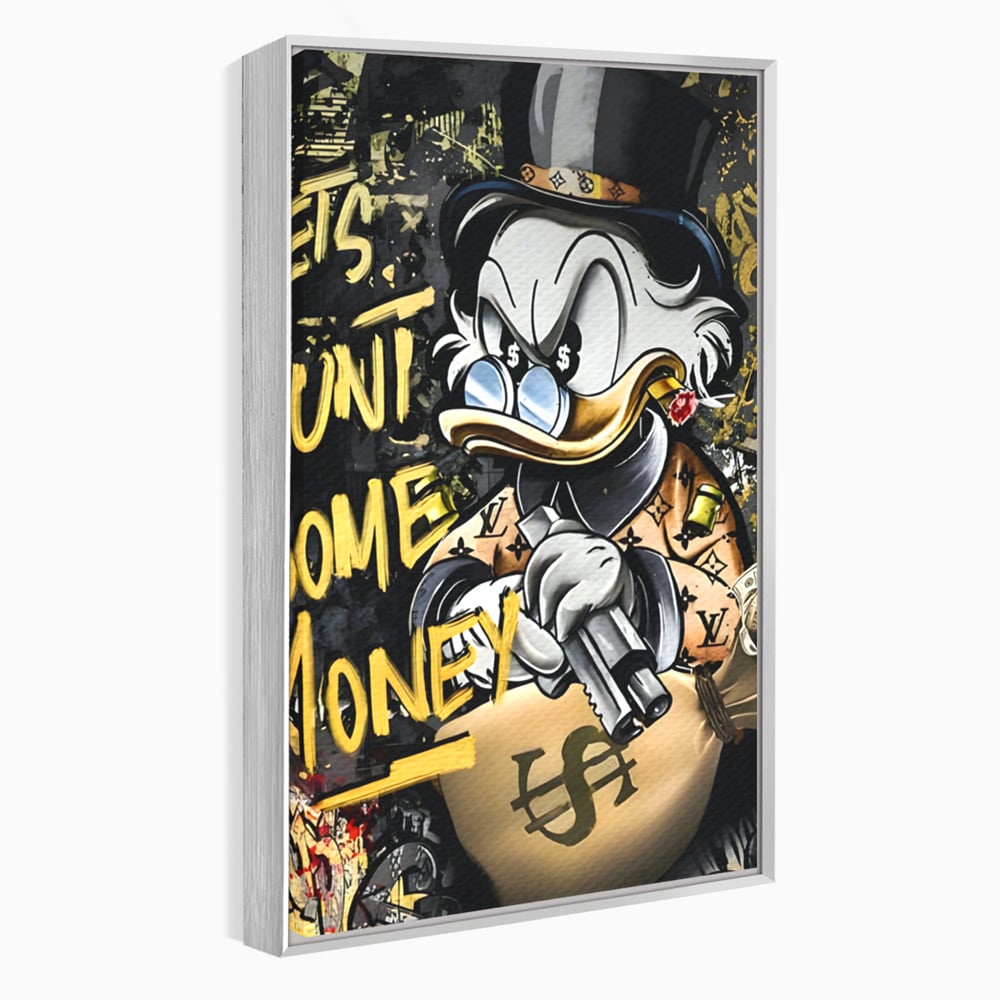 Tablou canvas cu ilustratie cu scrooge duck tinand o arma, in rama de aluminiu argintiu